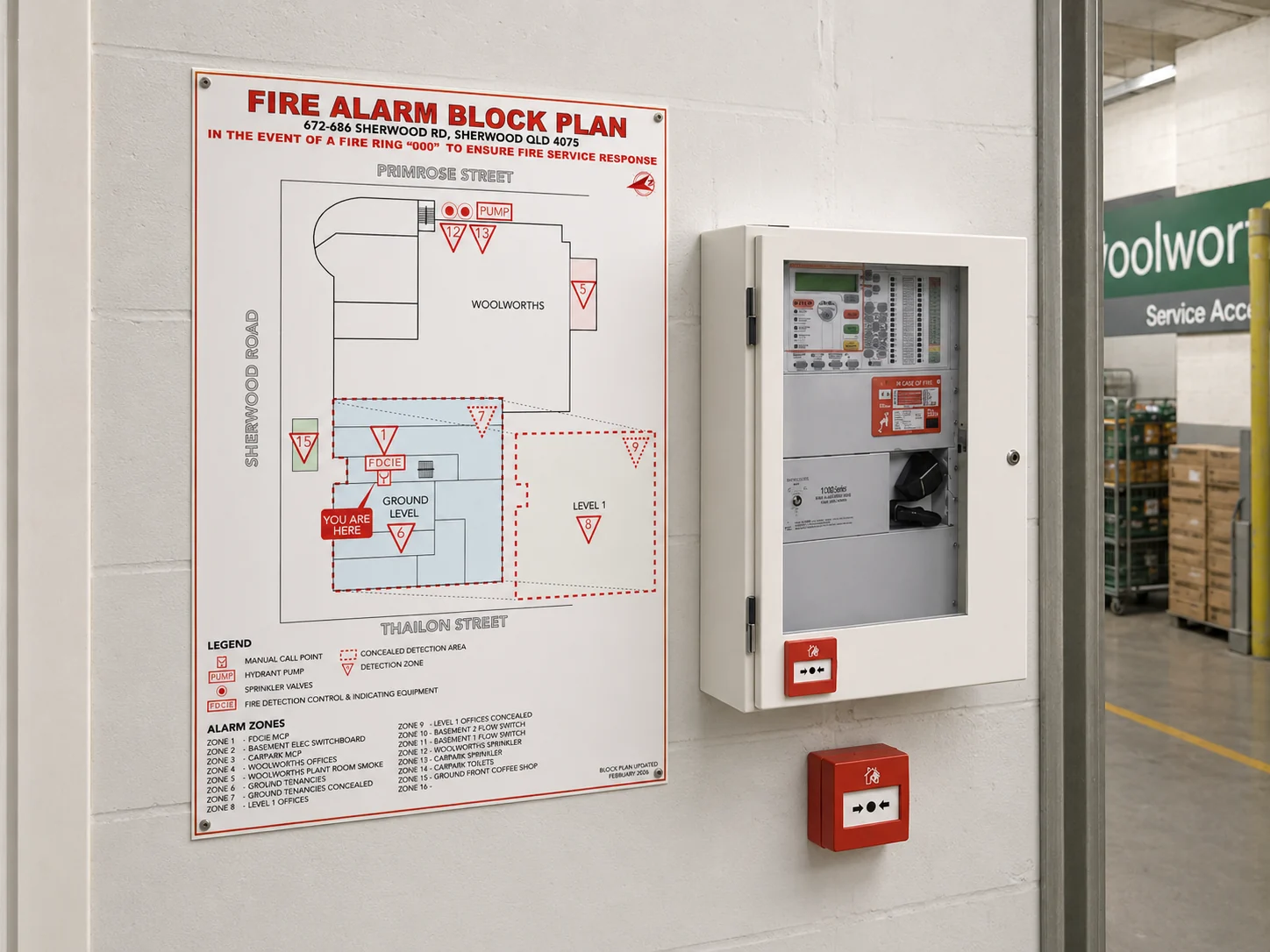 Fire alarm block plan displayed beside a fire indicator panel and manual call point