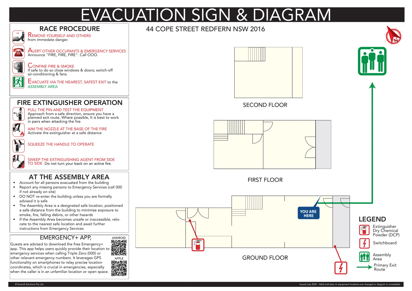 Short-term rental evacuation diagram for Cope Street, Redfern showing three levels and the assembly route