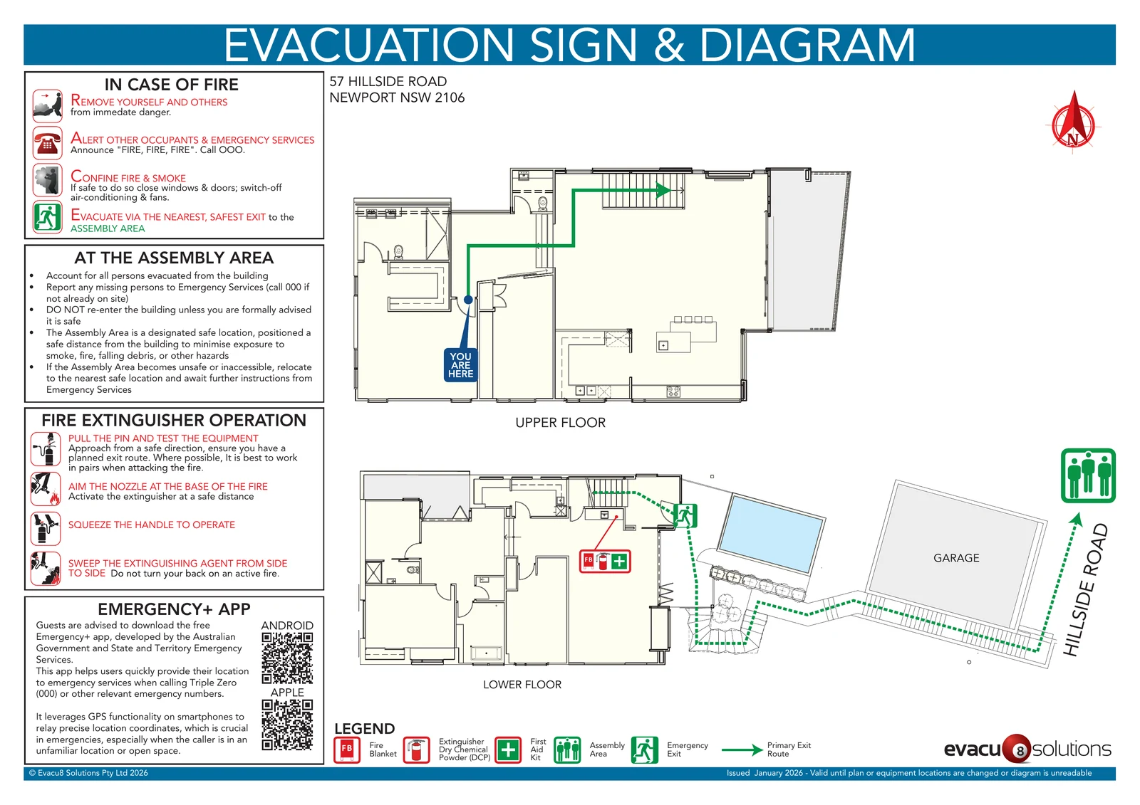 Evacuation diagram for Hillside Road, Newport showing internal and external routes to the assembly area