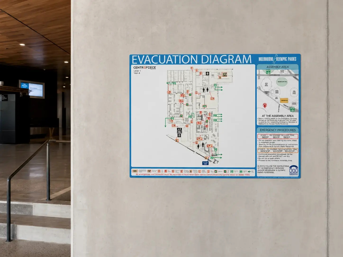 Melbourne Olympic Parks evacuation diagram artwork
