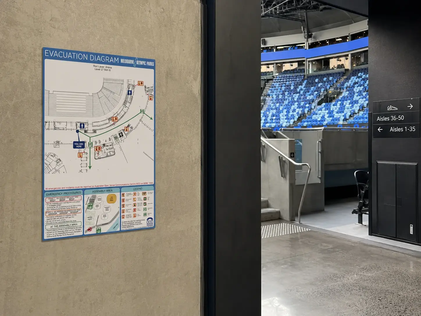 Rod Laver Arena evacuation diagram artwork for Melbourne Olympic Parks
