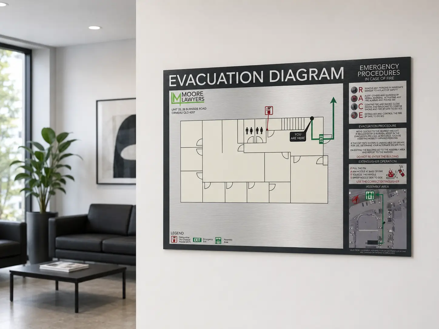 Evacuation diagram displayed in a modern commercial lobby