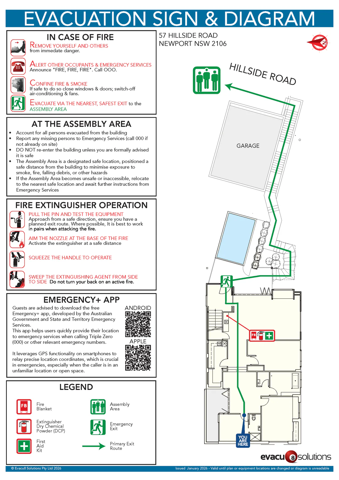 Portrait evacuation diagram for a NSW holiday rental house showing the route to the assembly area
