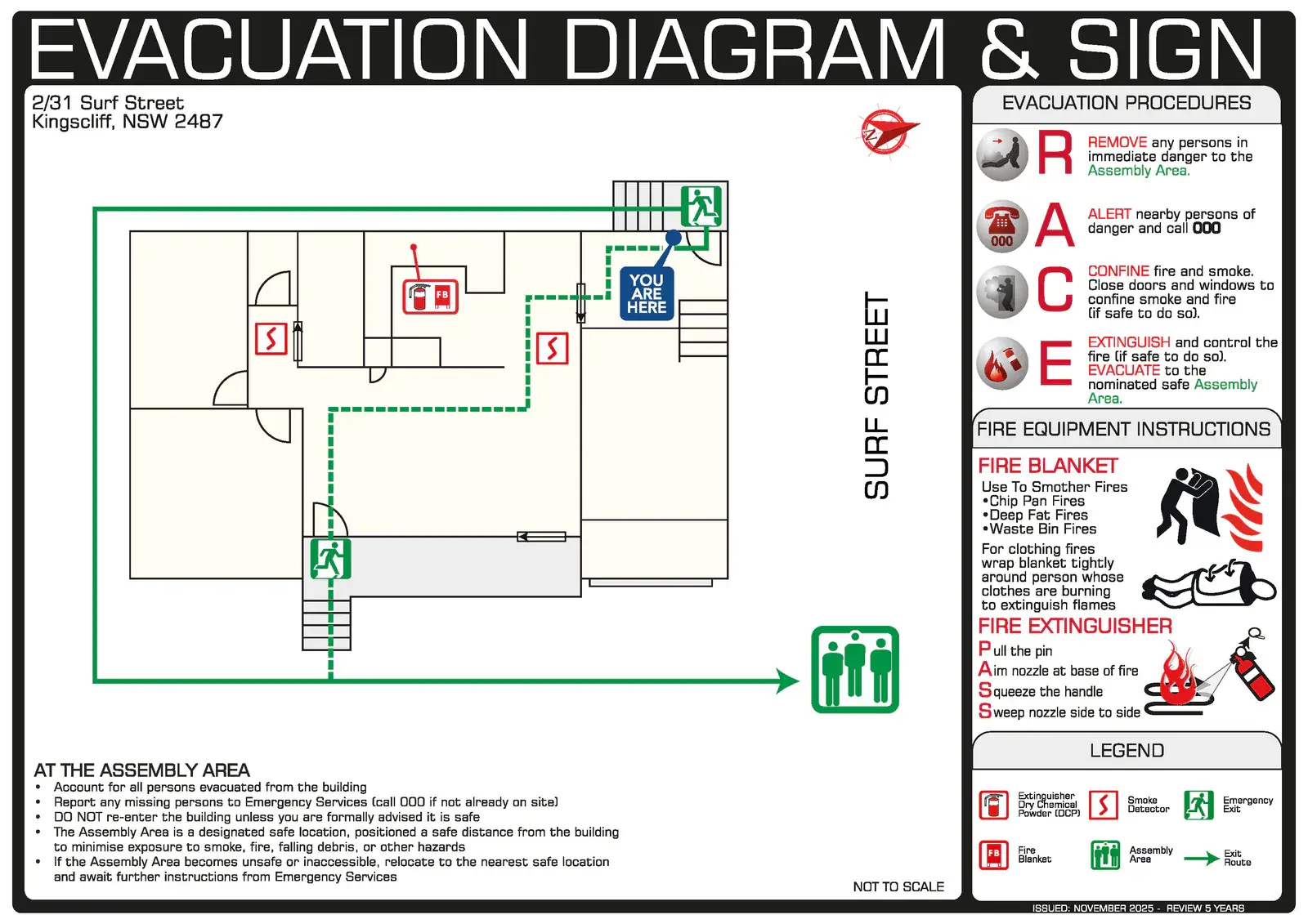 Short-term rental apartment evacuation diagram for Kingscliff