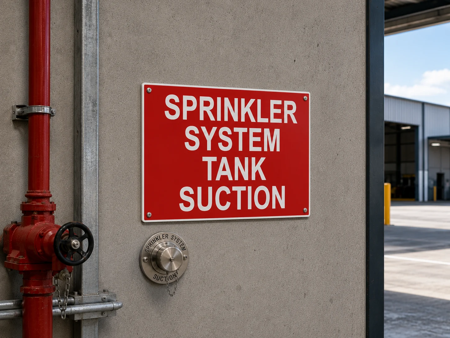 Sprinkler system tank suction fire safety sign shown beside industrial fire equipment