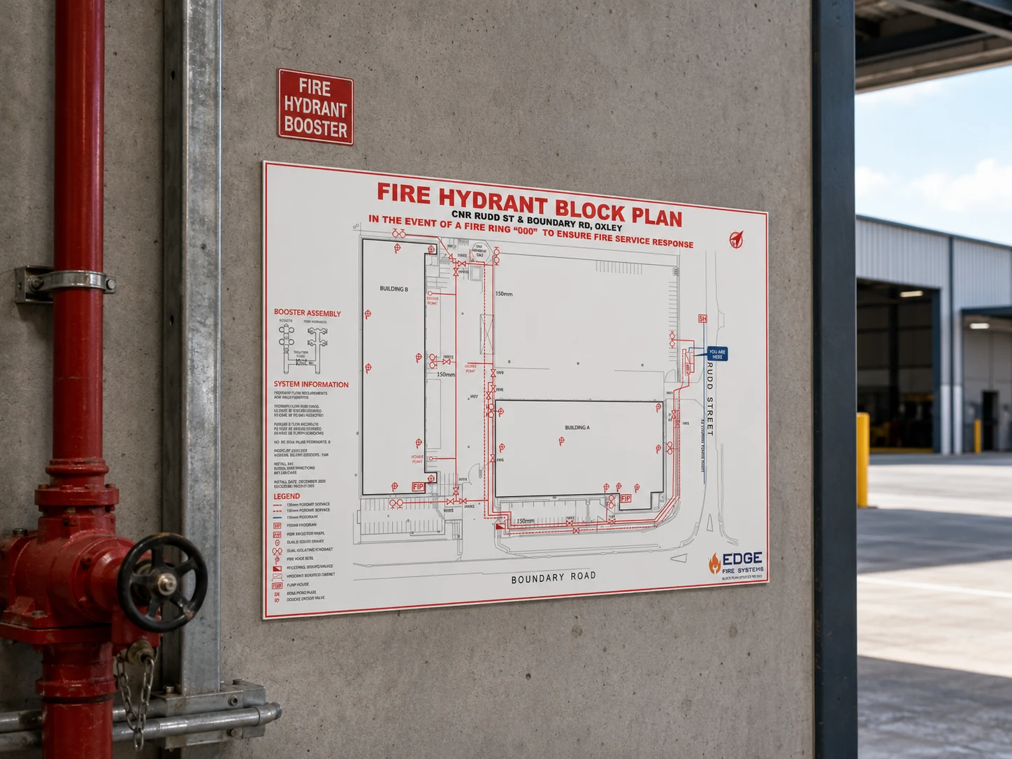 Fire hydrant block plan produced by Evacu8 Solutions shown in an illustrative industrial setting